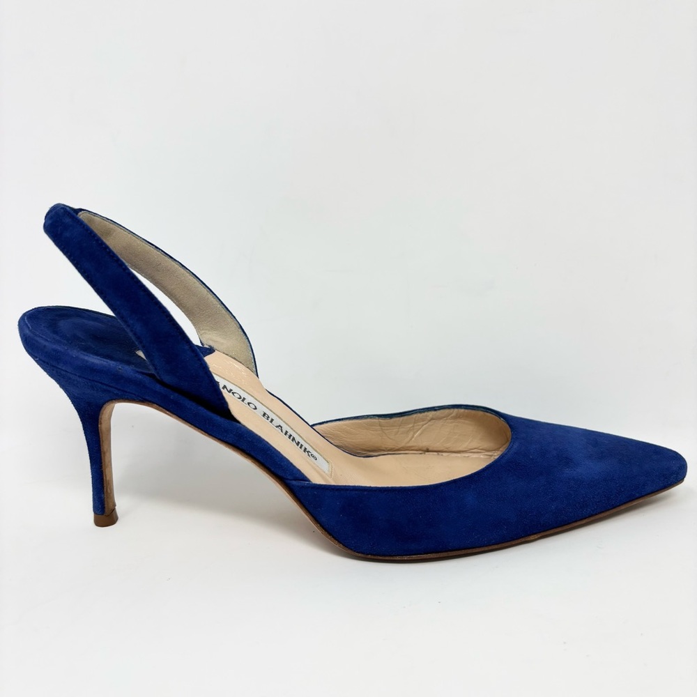 Manolo Blahnik Navy Blue Slingback Pointed-Toe Heels - Picture 8 of 16